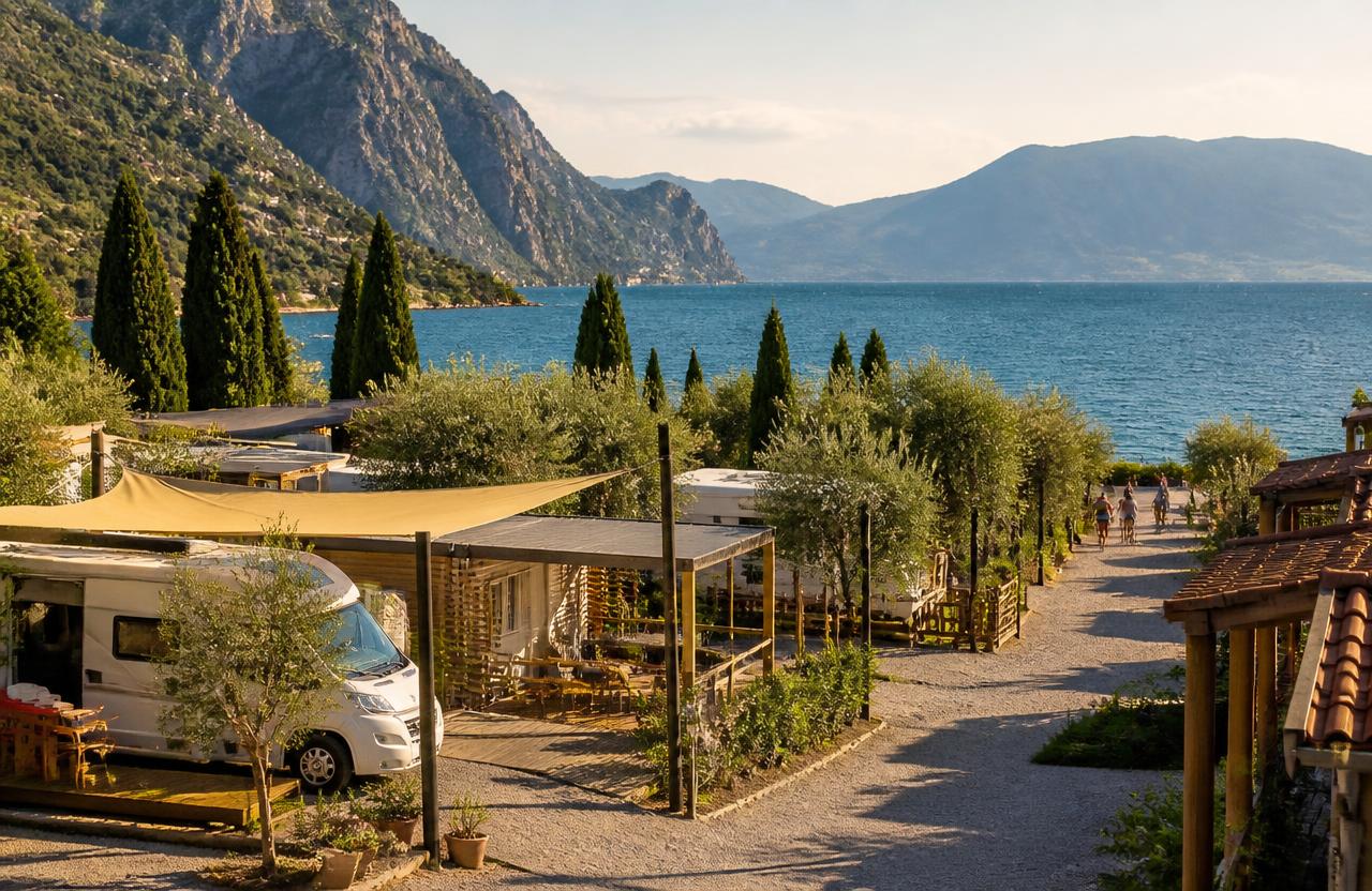 Piani di Clodia, Veneto / Lake Garda — families camping by terraced olive groves above the lake at lazise