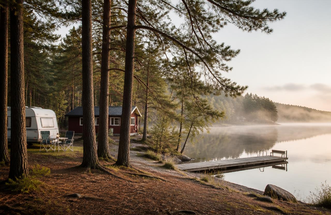 A still forest lake at dawn in Scandinavia